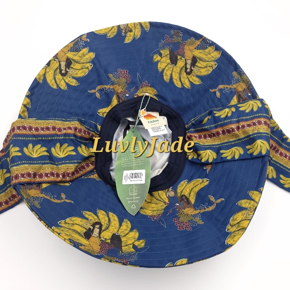 FARM RIO Mermaid Banana Blue Sun Extra Wide Slouchy Bucket Hat w/ Straps - Picture 5 of 11